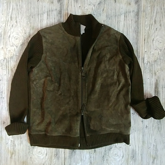 Olive green leather suede full zip panel sweater - Picture 3 of 8